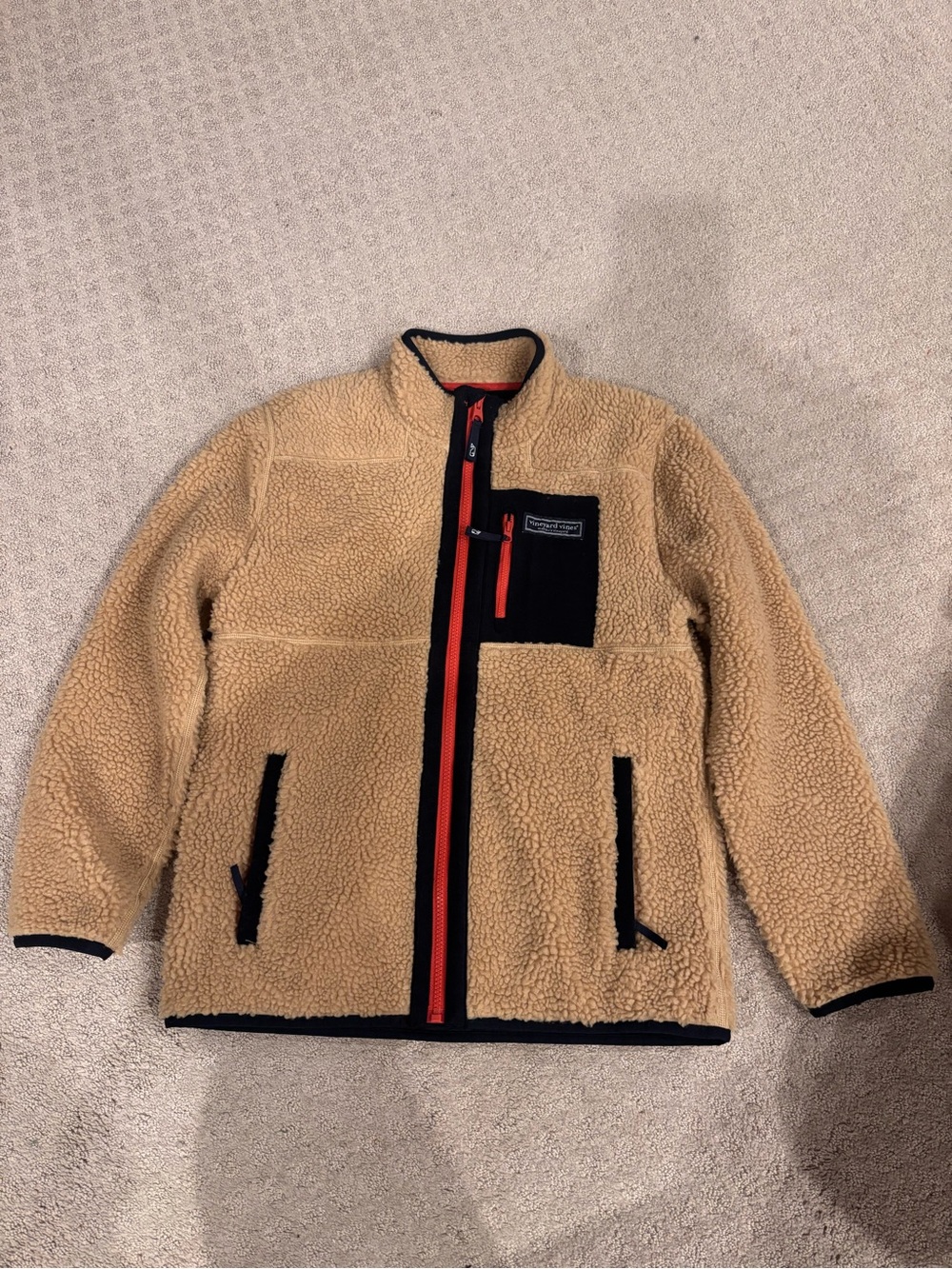 Kids Sherpa Fleece Jacket - Tan with Black Trim